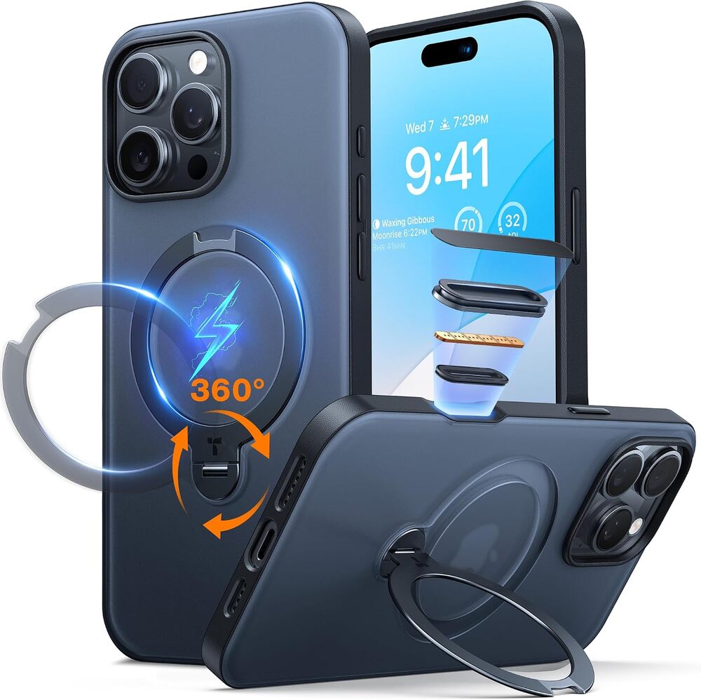 TORRAS Q3 Spin for iPhone 16 Pro Max Case with 360 Magnetic Stand, Black
